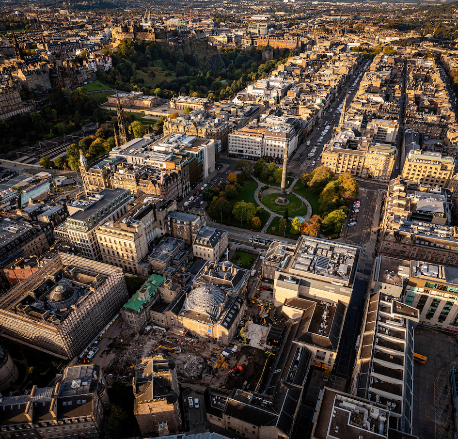 A picture of the Dunard Centre site taken from the skies by drone, looking towards George Street in Edinburgh